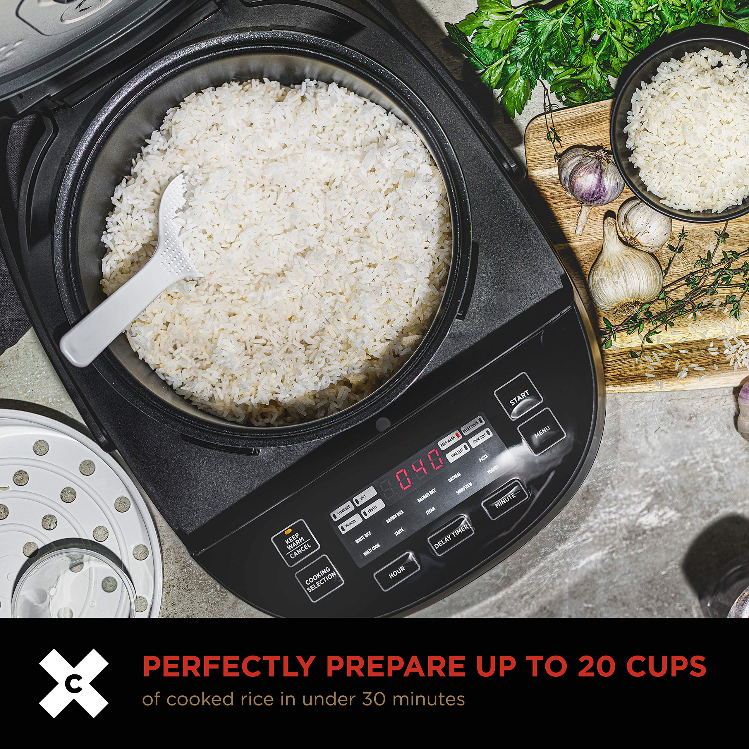 **CRUX 20-Cup Induction Rice Cooker & Multi-Cooker – Electric Food Steamer, Slow Cooker, Stew Pot – One-Pot Healthy Meals – Dishwasher Safe Non-Stick Inner Pot – Perfect for Family Dinners, Meal Prep & Large Gatherings – Black**