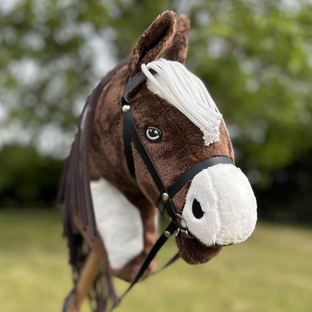 Mustang Stick Horse with Black Halter, Lunge Line & Rose Trim Bonnet - Realistic Hobby Horse Toy for Kids Pretend Play, Birthday Gifts, and Equestrian Training
