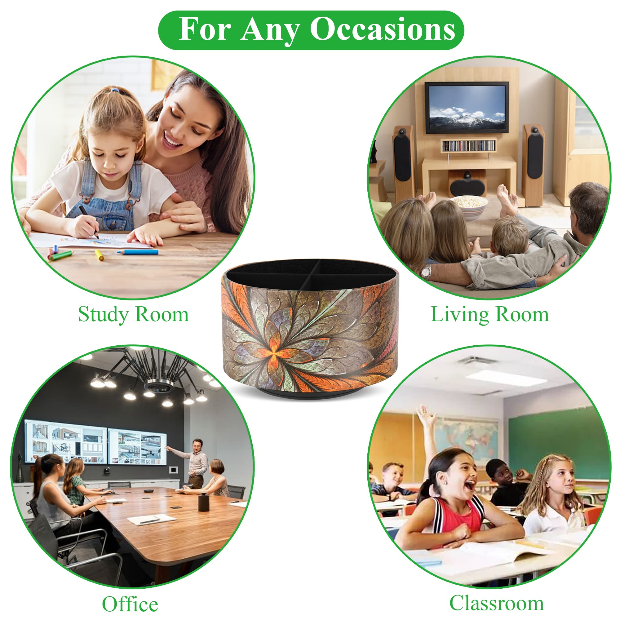 360° Rotating Round Leather Desk Organizer - Multi-Functional Pencil Holder with 4 Compartments for Art Supplies, Remote Controls & Stationery (Orange Flower Pattern) | Perfect for Home Office, Study Desk & Craft Room Organization