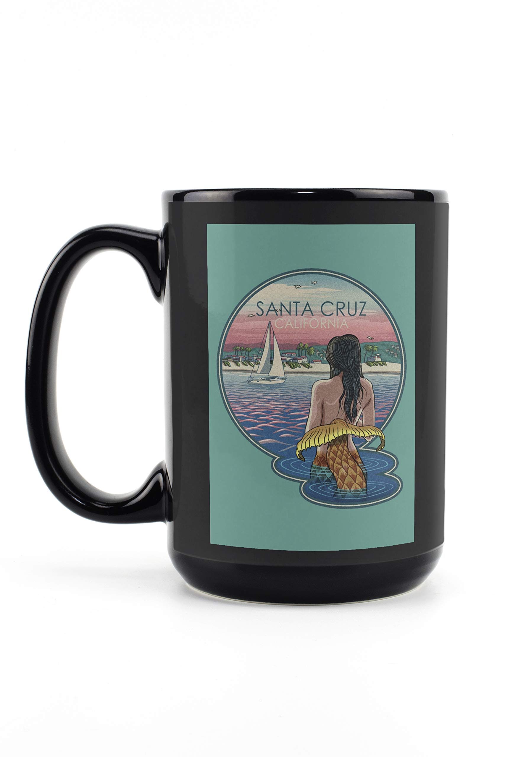 Santa Cruz California Mermaid Beach Ceramic Mug - 15oz Black Coffee & Tea Cup, Dishwasher & Microwave Safe - Perfect for Home, Office & Beach Lovers Gift