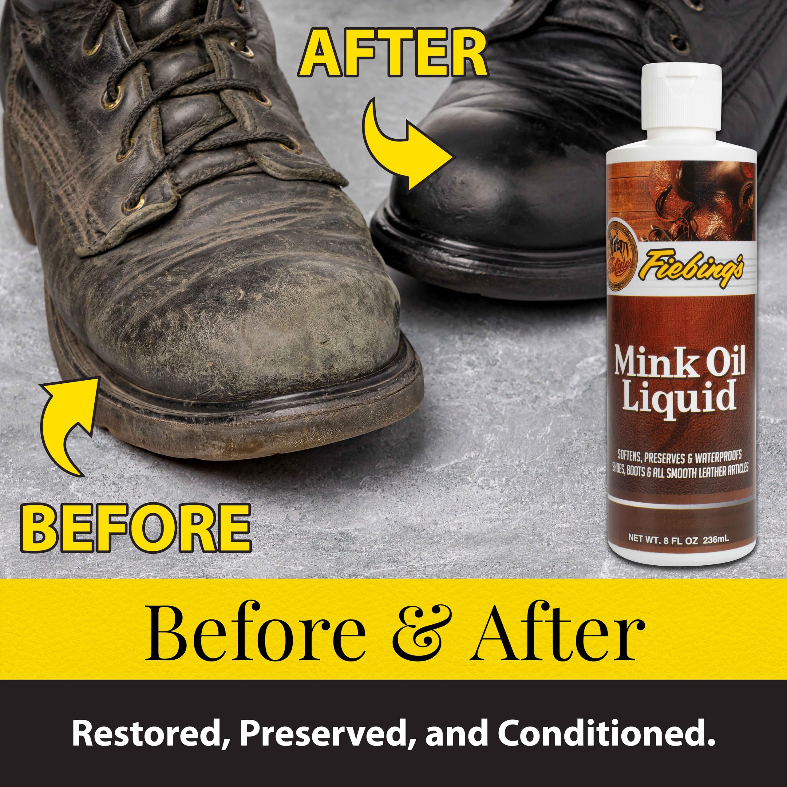 Fiebing's Liquid Mink Oil Leather Conditioner (8 fl oz) - Best Leather Cleaner & Waterproofer for Boots, Shoes, Purses & Furniture - Prevents Salt Stains & Cracks - Restores & Protects Smooth Leather, Vinyl & Leathercraft - Ideal for Winter Boot Care, Handbag Maintenance & Sofa Protection