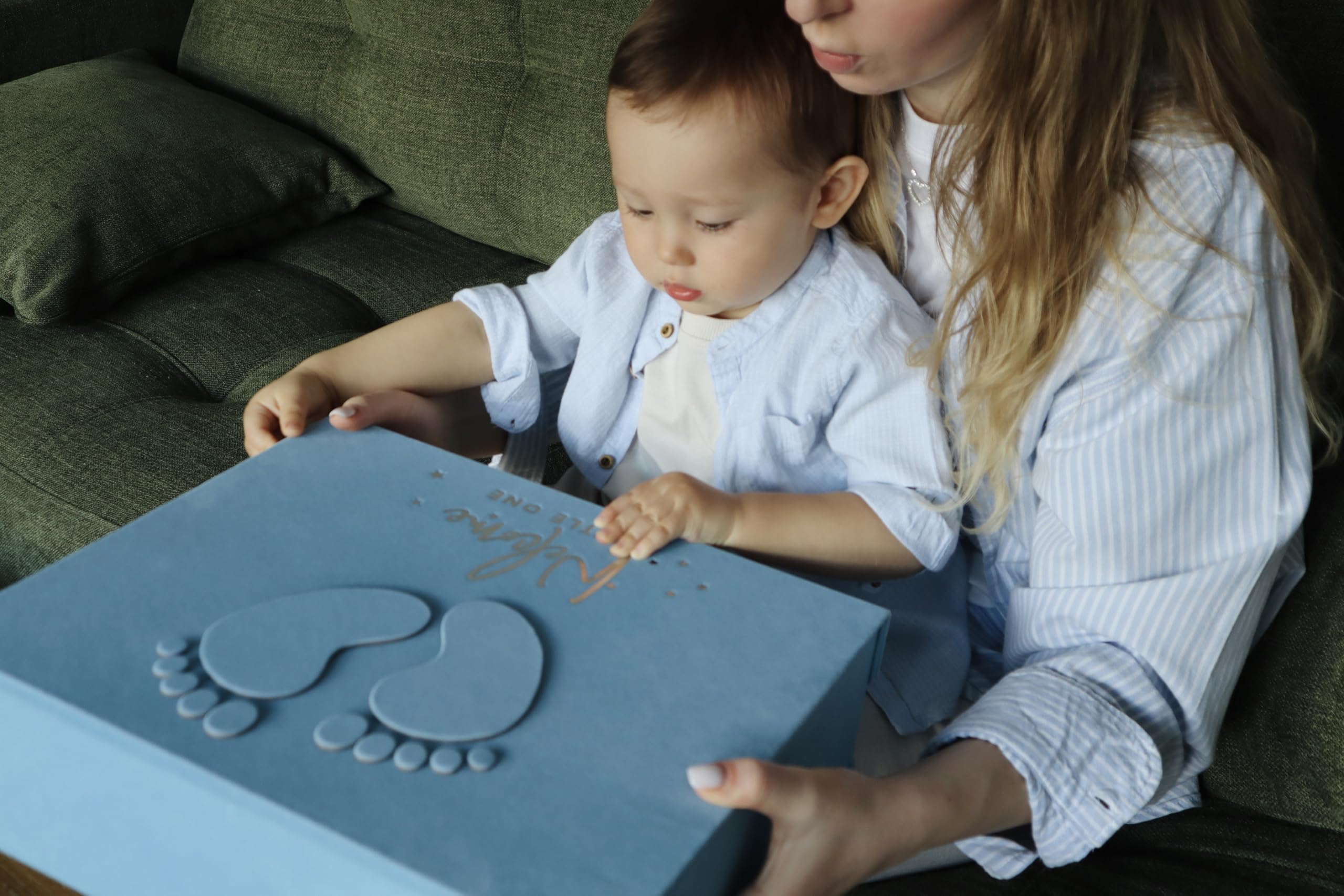 Handmade Baby Memory Book & Scrapbook Photo Album with Keepsake Box - Newborn First Year Journal with Hand & Footprint Kit - Perfect for Baby Shower Gifts & 0-12 Month Milestones (Teddy Bear Boy, Blue)