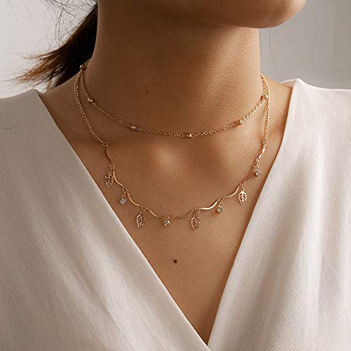 Missgrace 14K Gold Plated Layered Leaf Rhinestone Choker Necklace with Coin Pendant - Elegant Multilayered Long Chain Jewelry for Women & Girls | Perfect for Parties, Weddings & Everyday Wear