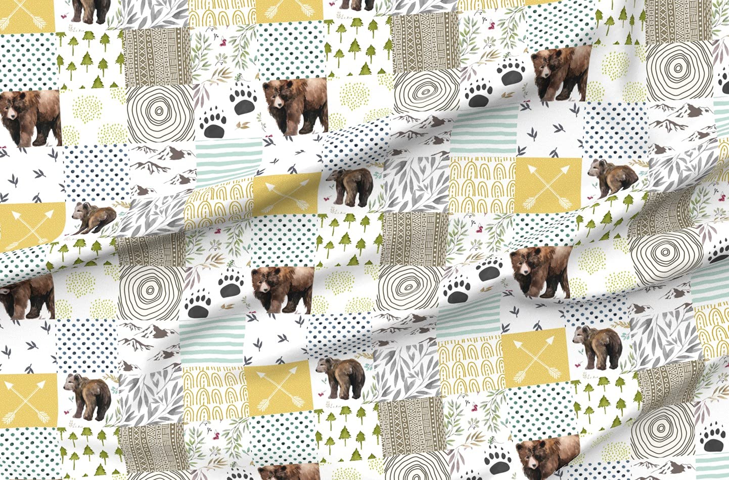Woodland Baby Watercolor Bear Forest Animal Print Upholstery Velvet Fabric by The Yard - Green Yellow White Quilted Home Decor Fabric for Nursery, Baby Blankets & DIY Sewing Projects