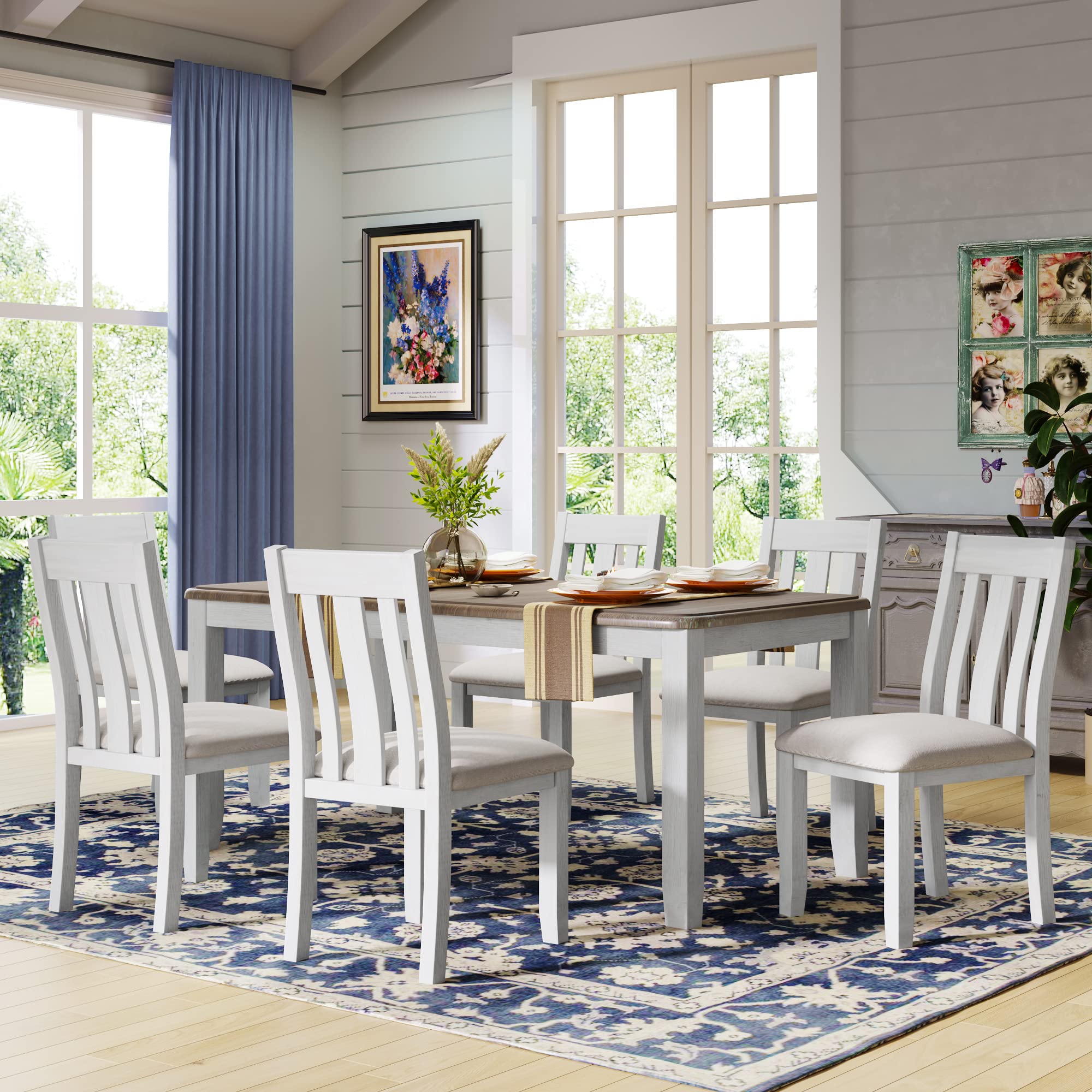 KLMM Classic 7-Piece Antique Wooden Dining Table Set with Extendable Leaf & 6 Padded Chairs - Rustic Brown & White Kitchen Dining Room Furniture for Family Gatherings & Entertaining Guests