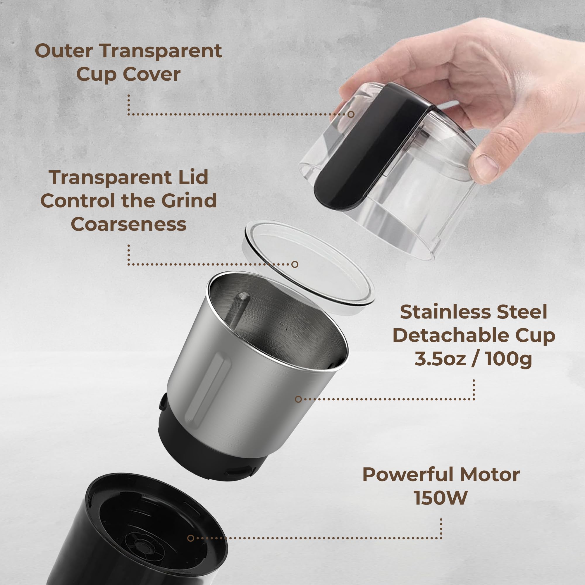 Premium Kaffe Electric Coffee Grinder with Removable Cup (3.5oz) - Black - Includes Cleaning Brush - Espresso & Coffee Bean Grinder for Home, Kitchen & Office Use - Perfect for French Press, Drip Coffee & Cold Brew