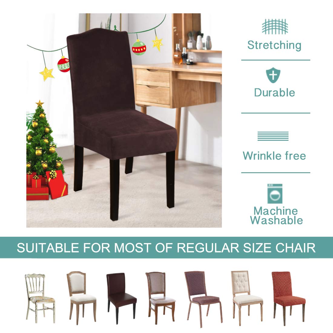 **Turquoise Velvet Stretch Dining Chair Covers Set of 2 – Soft, Washable & Removable Slipcovers for Kitchen, Parsons Chairs – Home, Hotel, Banquet Decor – Thick Soft Fabric (Brown) – Perfect for Dining Rooms, Restaurants & Events**