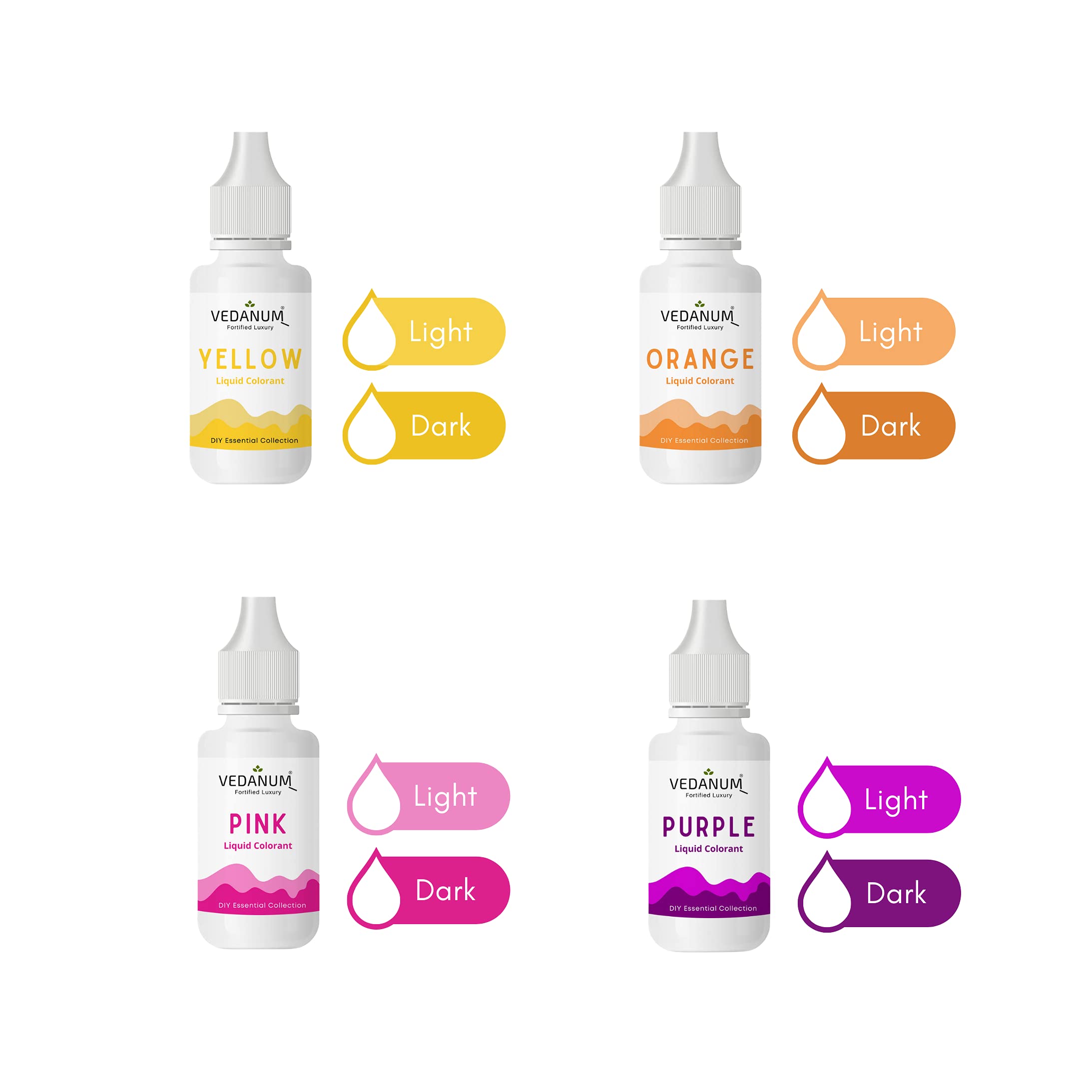 VEDANUM DIY Liquid Colors for Soap & Cosmetics - 4 Pack (15ml) | Yellow, Orange, Pink, Purple | Bath Bombs & Skincare Making