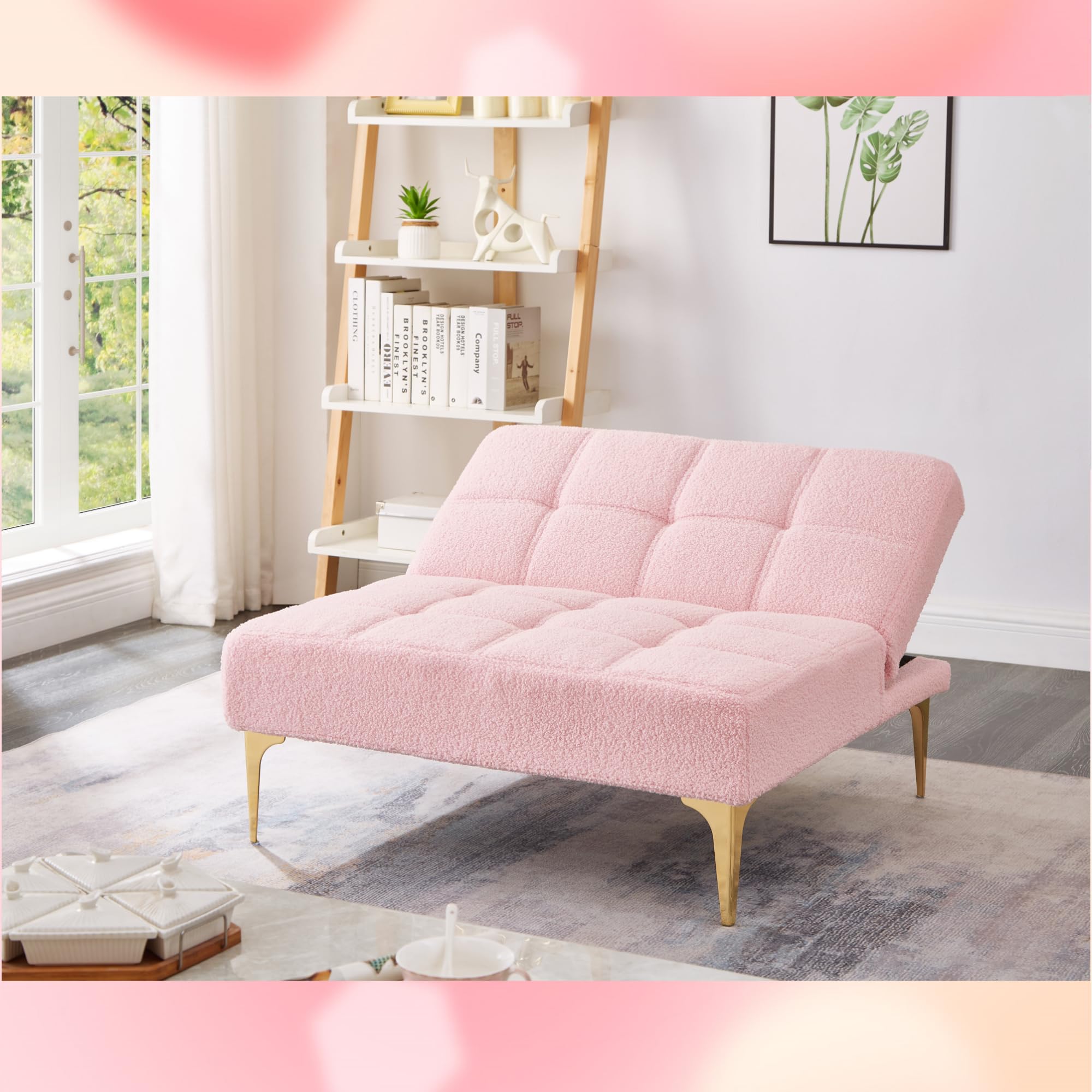 Polibi Modern Convertible Folding Sofa Bed with Adjustable Backrest - Pink Teddy Fabric Sofa Chair with Golden Legs & Toss Pillow - Perfect for Small Spaces, Guest Rooms, and Studio Apartments