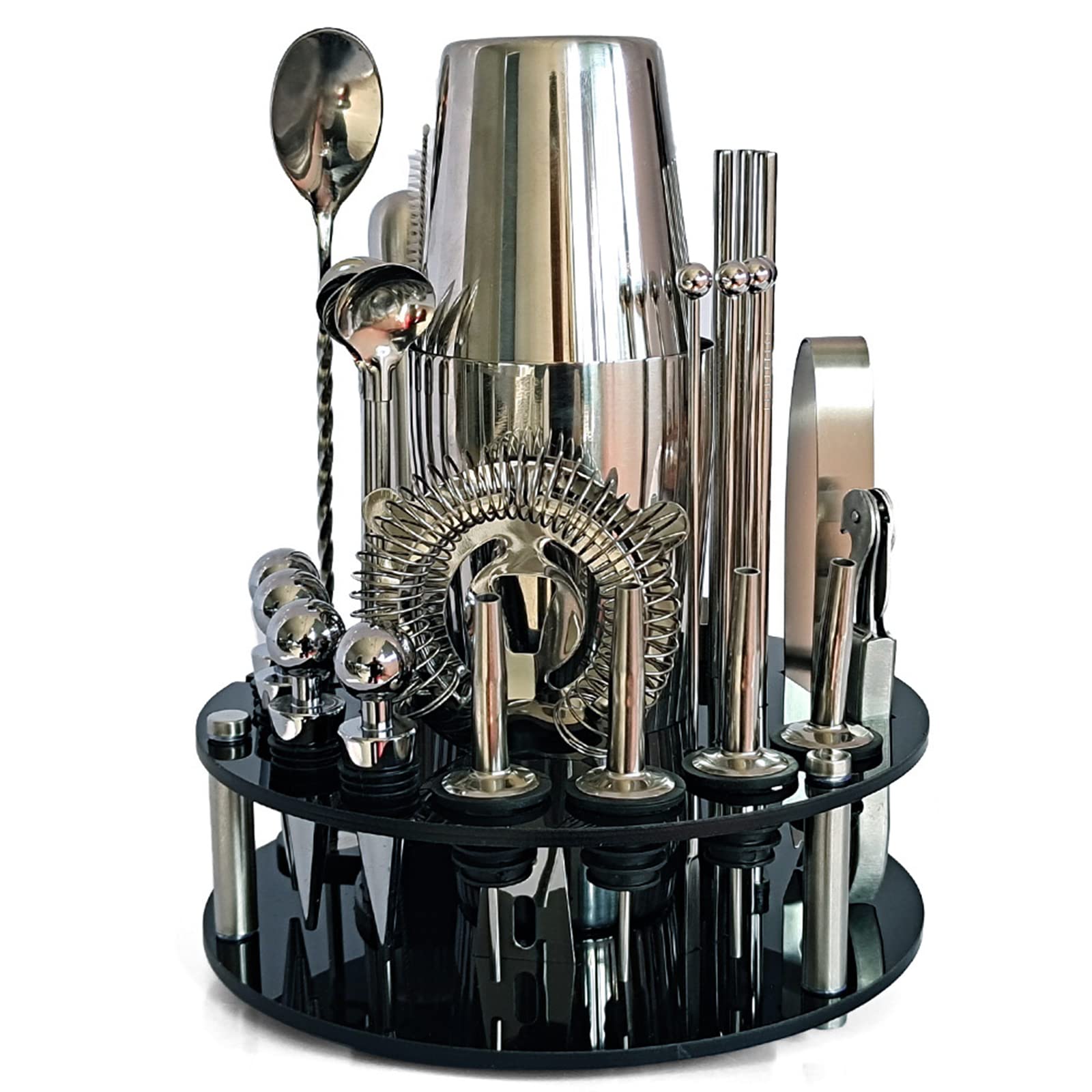 30Pcs Professional Bartender Kit - Stainless Steel Cocktail Shaker Set with 360° Rotating Acrylic Stand - Complete Bar Tool Set for Mixing Drinks - Perfect for Home Bars, Parties & Cocktail Making