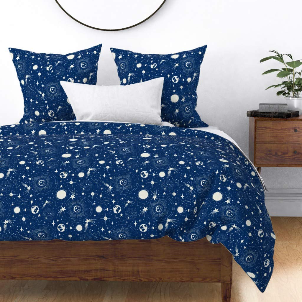 Solar System Blue Stars Space Moon Vintage Celestial Duvet Cover - King/California King Size Cotton Sateen Bedding with Galaxy Planets Constellation Print | Perfect for Astronomy Lovers, Kids Room Decor & Unique Home Decor