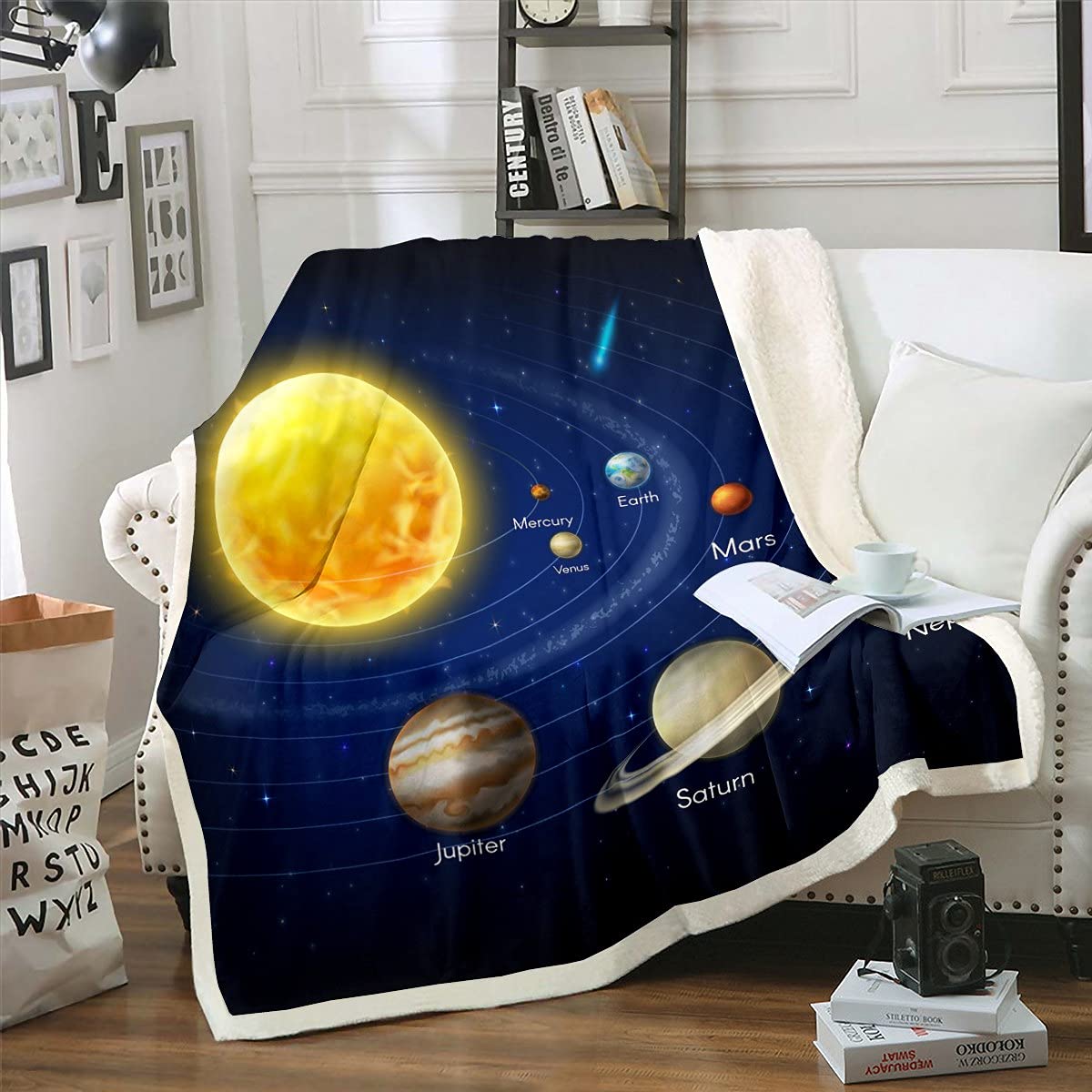 Galaxy Space Sherpa Fleece Throw Blanket - Solar System Planets Educational Plush Blanket for Kids Boys Girls, Twin Size 60x80 Inches - Cozy Sofa Bed Couch Blanket for Stargazing & Space-Themed Room Decor