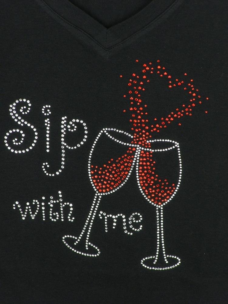 Stylish Women's Rhinestone Bling T-Shirt - Black Sip with Me Design | Perfect for Casual Wear, Girls Night Out & Party Outfits