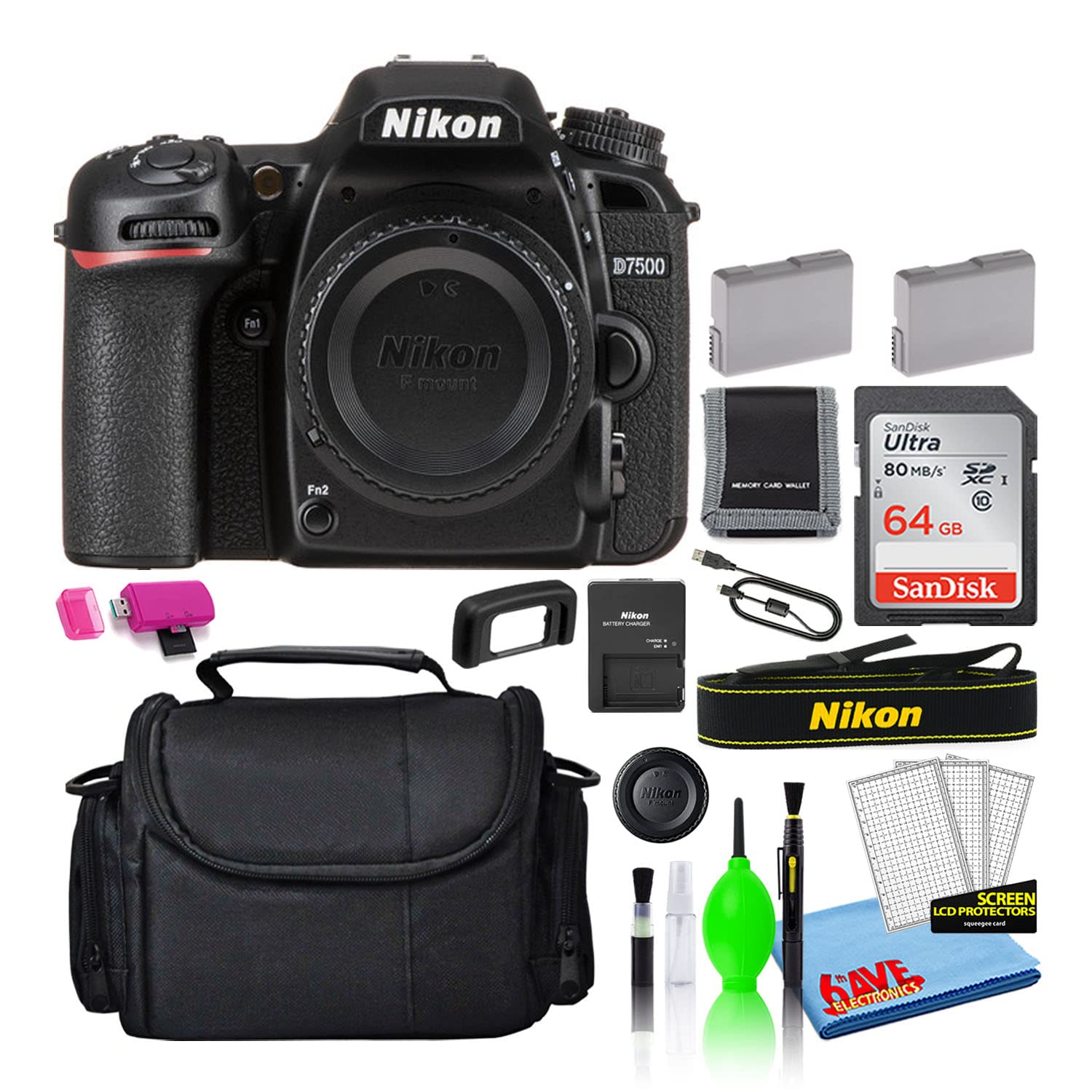 Nikon D7500 20.9MP DSLR Digital Camera Body Only - Professional Photography Bundle with 64GB SD Card, Large Camera Bag, EN-EL15 Spare Battery & Cleaning Kit (Renewed) - Perfect for Travel, Wildlife & Portrait Photography