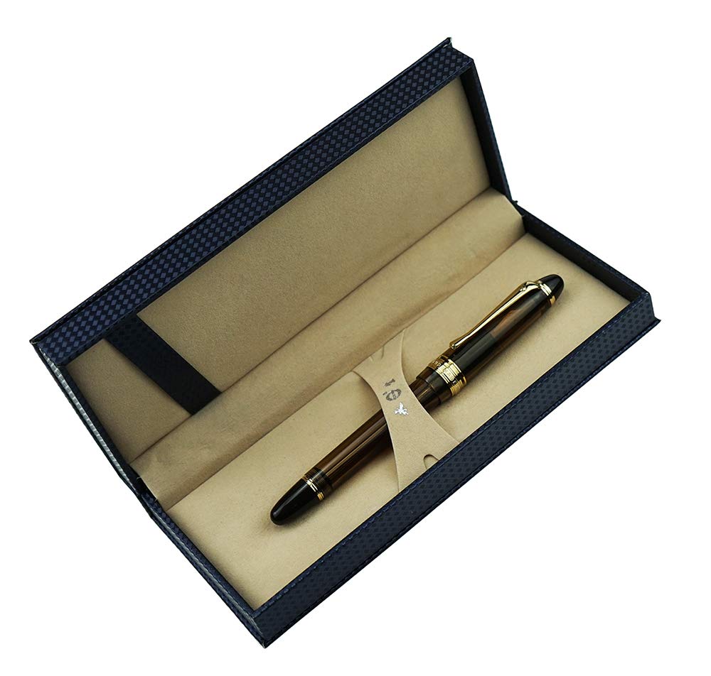 Lanxivi Yongsheng 699 Vacuum Filling Fountain Pen with 14K Gold Fine Nib - Brown Translucent Acrylic Body for Writing, Calligraphy & Gift Giving