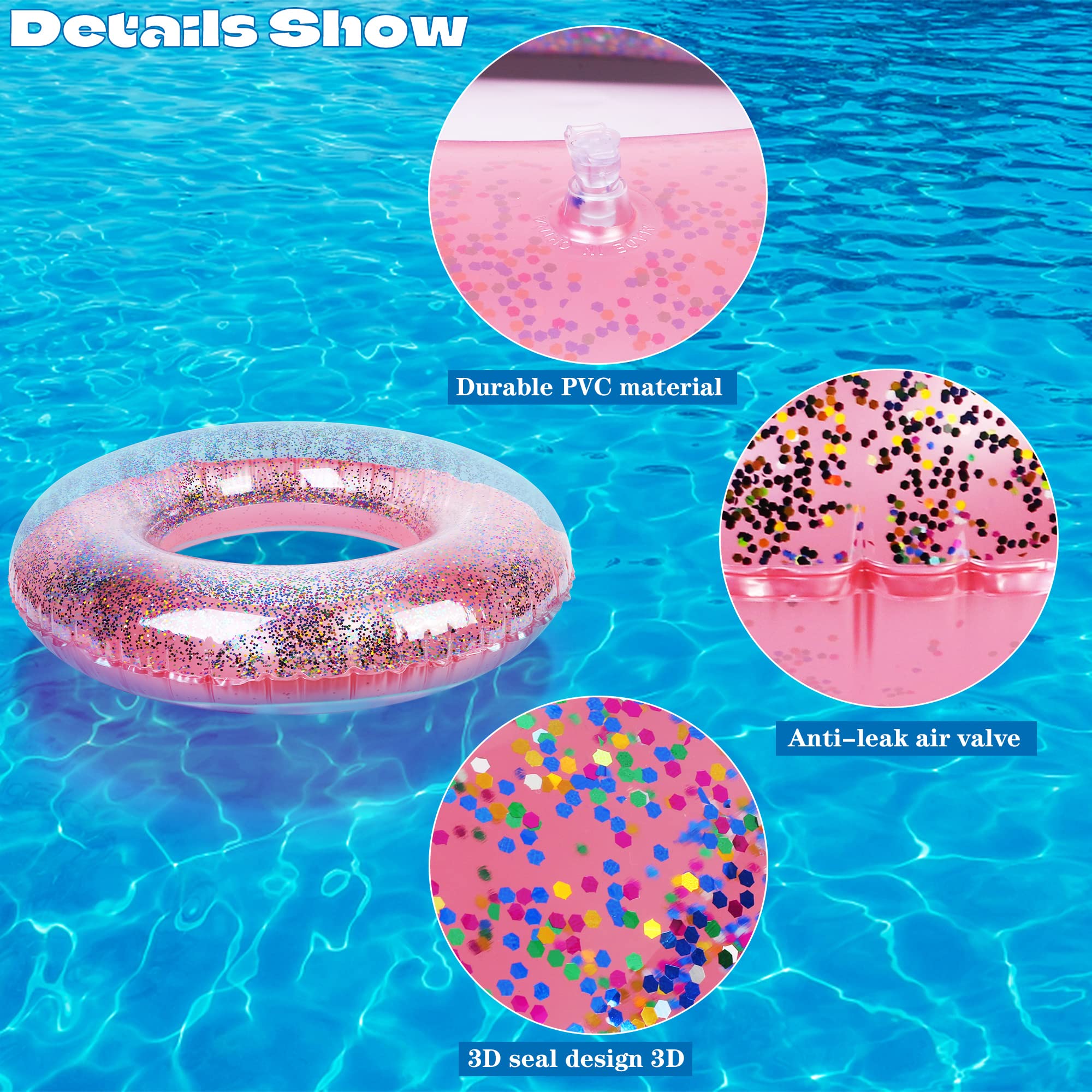 Elcoho 8-Pack Inflatable Glitter Pool Float Beach Balls - 35 Inch Large Swim Rings, Transparent Confetti Flotation Toys for Pool, Lake & Ocean | Perfect for Summer Parties, Backyard Swimming & Beach Vacations
