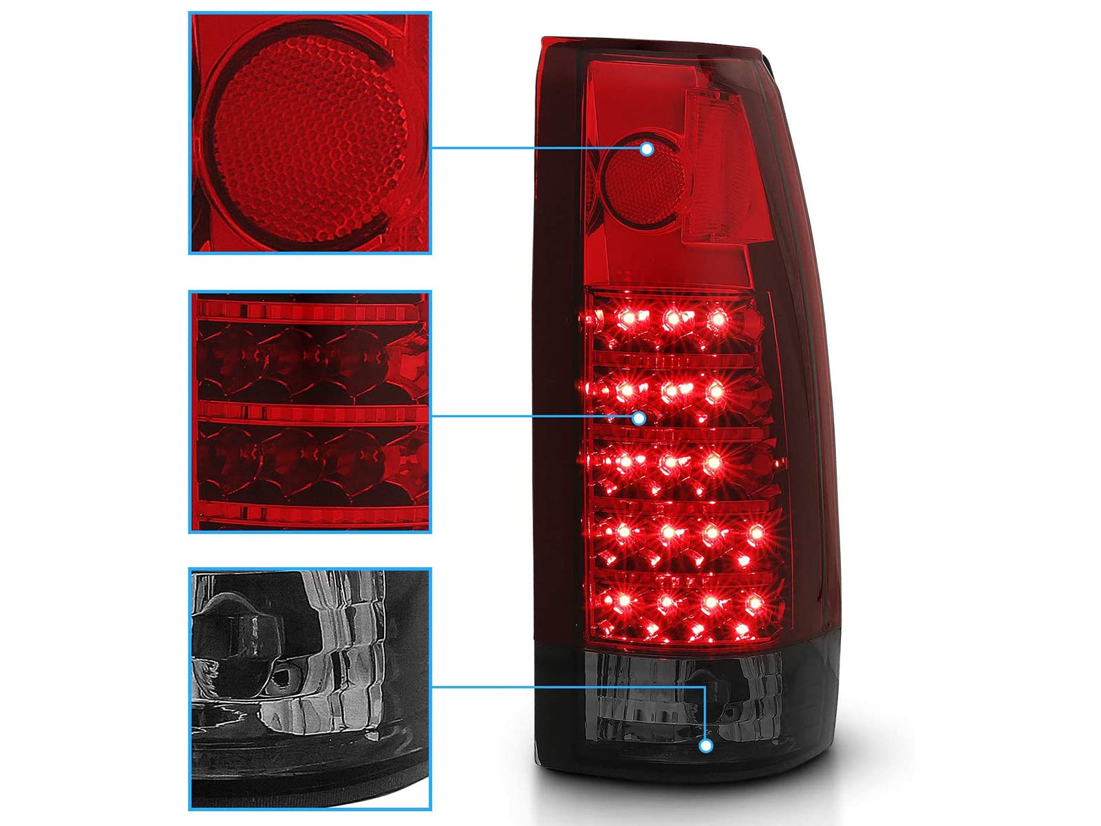 AmeriLite LED Tail Lights Assembly Pair for 1988-1999 Chevy GMC C/K Pickup Truck, Tahoe & Suburban - Red Smoke Replacement (Driver & Passenger Side) | Enhanced Visibility & Style for Night Driving & Custom Builds