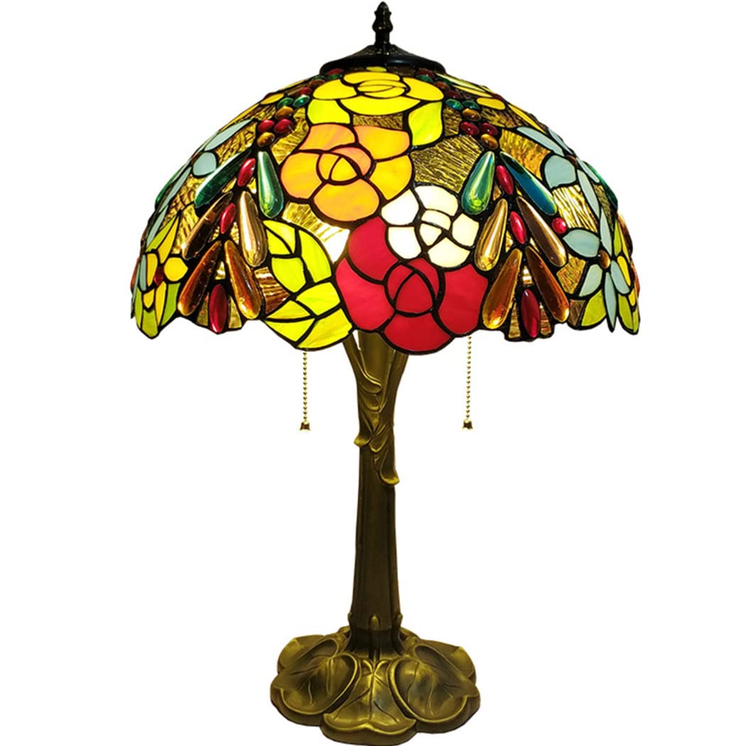 Tiffany Style Stained Glass Table Lamp with Pink Green Floral Design, Mini Crystal Beads Accents - 16 Inch Victorian Desk Lamp for Bedroom, Living Room, Nightstand, Library | Perfect Reading Light, Home Decor, Gift for Sympathy & Memory