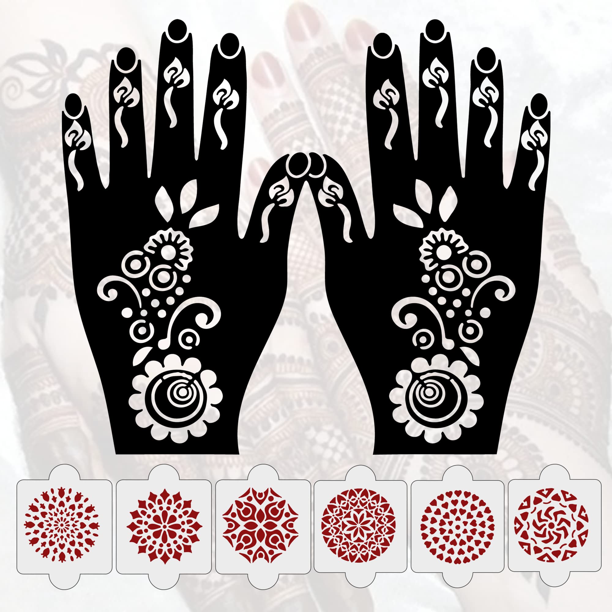 8 Pcs Henna Tattoo Stencil Kit - 2 Henna Stencil Tattoos & 6 Reusable Laser Cut PVC Stencils for Women, Girls & Kids | Easy Application Mehandi Stickers for Full Hand Designs | Perfect for Weddings, Festivals & DIY Body Art (IVNH-1054)