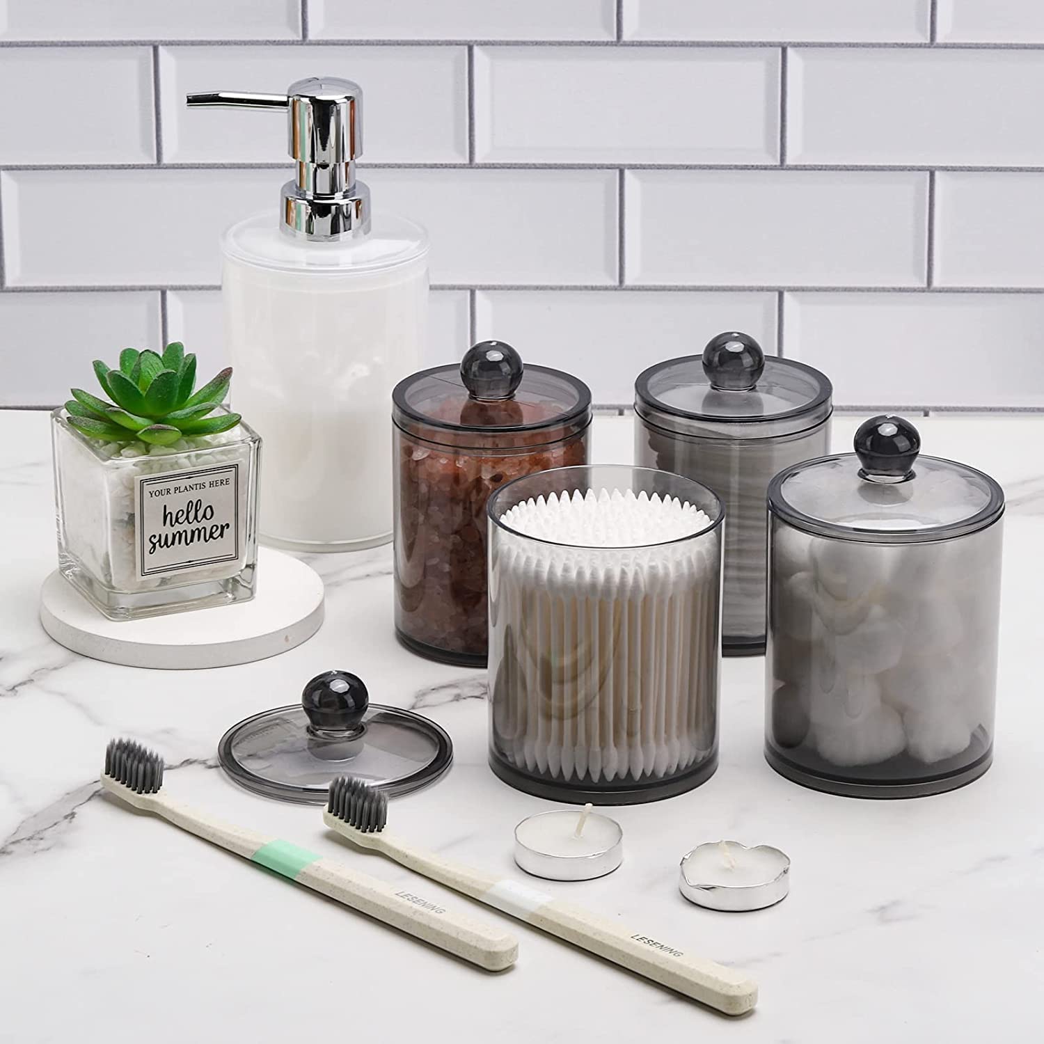 Glozzeria 4-Pack Clear Plastic Jars with Airtight Lids - Cotton Swab & Ball Pad Storage Containers, Makeup Organizer for Floss Picks, Cosmetics, Jewelry | Perfect for Bathroom Counter, Vanity & Travel Organization