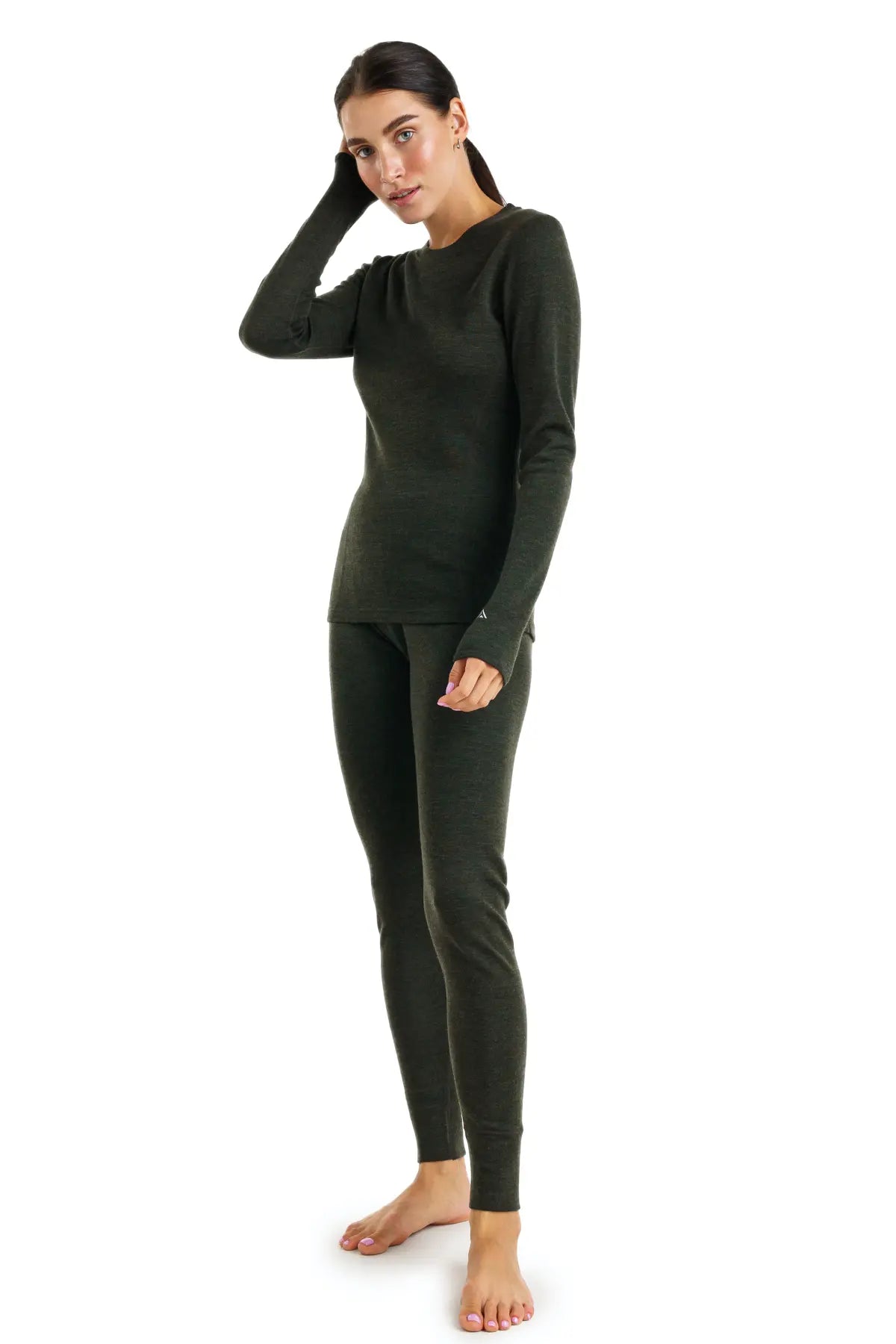 Women's Merino Wool Thermal Underwear Set - 320 GSM Army Green for Winter Warmth & Outdoor Activities
