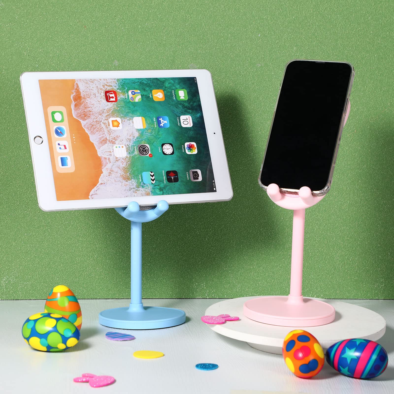 Kathfly 2 Pack Adjustable Bunny Phone Stand - Cute Kawaii Phone Holder for Desk, Easter Gift for Women & Girls (Pink/Blue) - Perfect for Watching Videos, Video Calls & Hands-Free Browsing