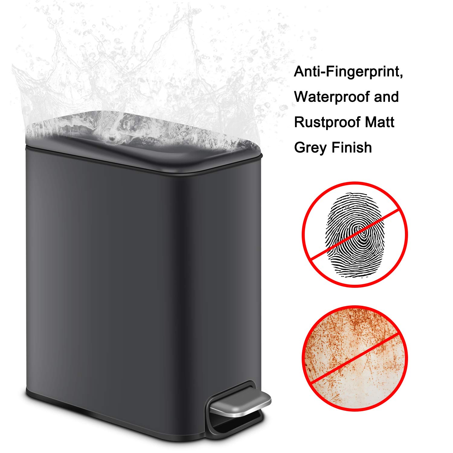 Small Soft Close Trash Can with Removable Inner Basket - 5L/1.3Gal Rectangular Garbage Bin for Bathroom, Bedroom & Office - Anti-Fingerprint Matte Finish in Light Gray - Perfect for Small Spaces, Home Decor & Waste Disposal