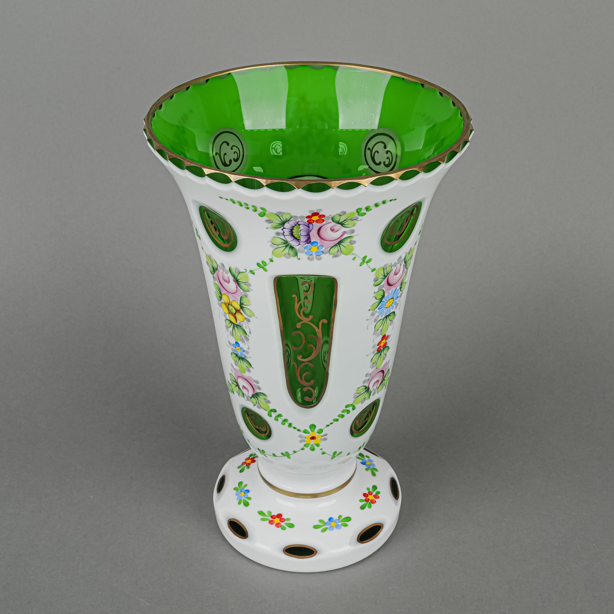 BOHEMIA Hand Painted White Cased Green Cut To Clear Trumpet Vase - Elegant Floral Centerpiece for Weddings, Home Decor & Gift Giving