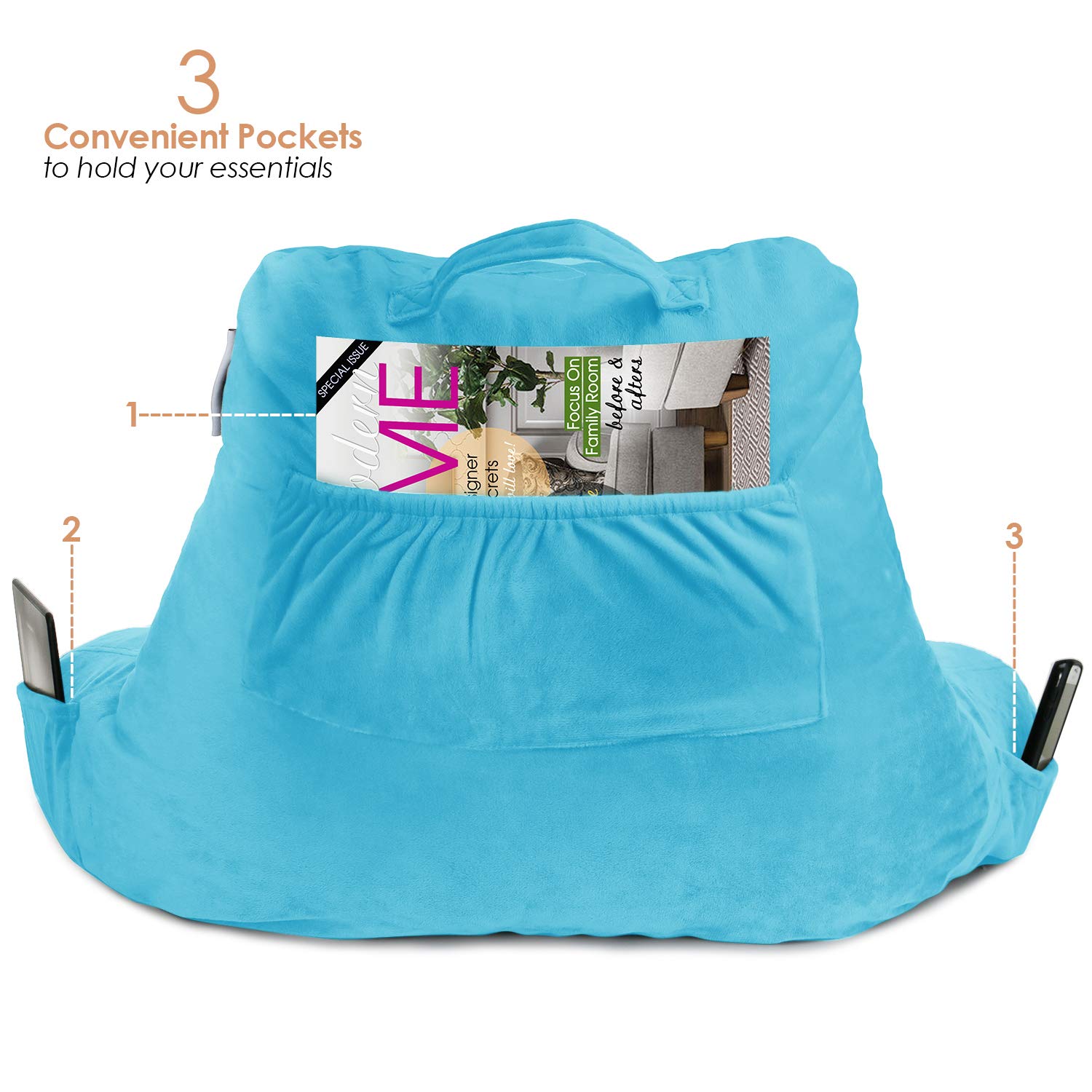 Nestl Reading Pillow with Shredded Memory Foam - Standard Size Back Support Pillow for Sitting in Bed, Reading, or Relaxing | Blue Bed Rest Pillow with Pockets | Perfect for Book Lovers, Nursing Mothers & Armchair Comfort