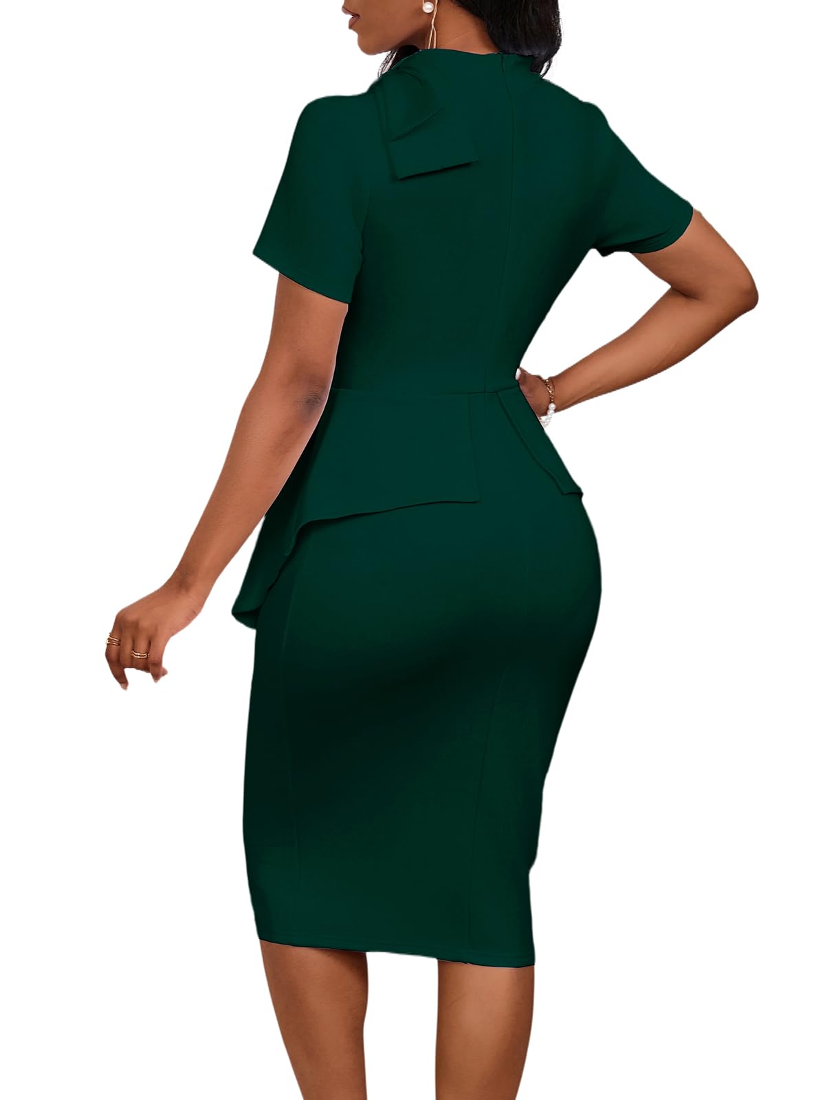 WanMem Women's Formal Bodycon Peplum Cocktail Dress - Short Sleeve Bow Ruffle Pencil Party Midi Dress for Evening Events, Weddings & Night Out