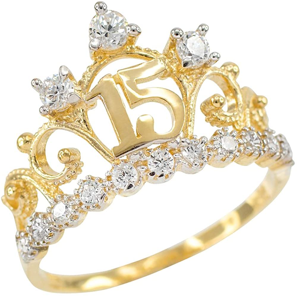 10K Yellow Gold Cubic Zirconia Tiara Sweet 15 Años Quinceanera Crown Ring - Size 11.75 - Elegant Birthday Gift for Teen Girls, Quinceañera Jewelry, Sweet 16 Party Accessory, Prom Queen Crown Ring