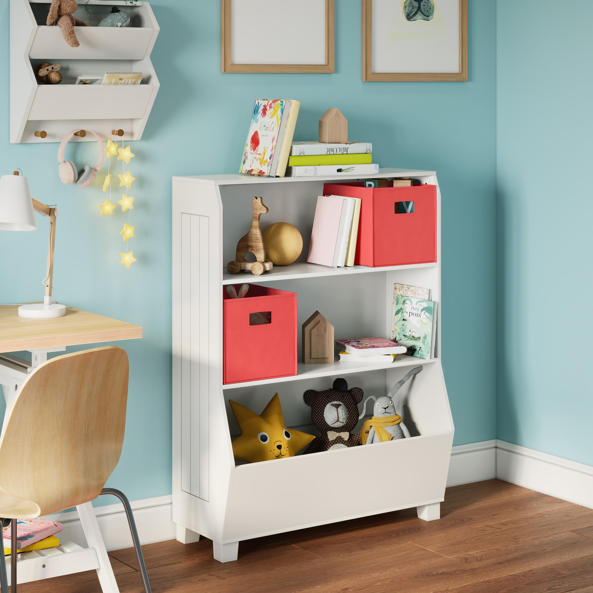 RiverRidge Kids Bookshelf with Toy Storage Organizer - 2 Open Shelves & 2 Fabric Bins - Space Saving Bookcase for Children's Books, Toys, Games & Puzzles - Perfect for Bedroom, Playroom or Nursery Organization
