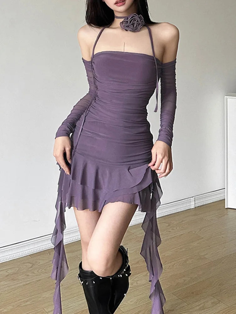 Sexy Lace-Up Wrap Hip Women's Dress with Ruffle Edge - Tight Party Evening Gown for Autumn/Winter | Perfect for Night Out, Date Night & Special Occasions