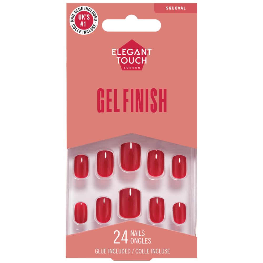 24-Piece Elegant Touch Polished Rich Red Fake Nails with Glue - Squoval Shape for Manicures, Parties & Special Occasions