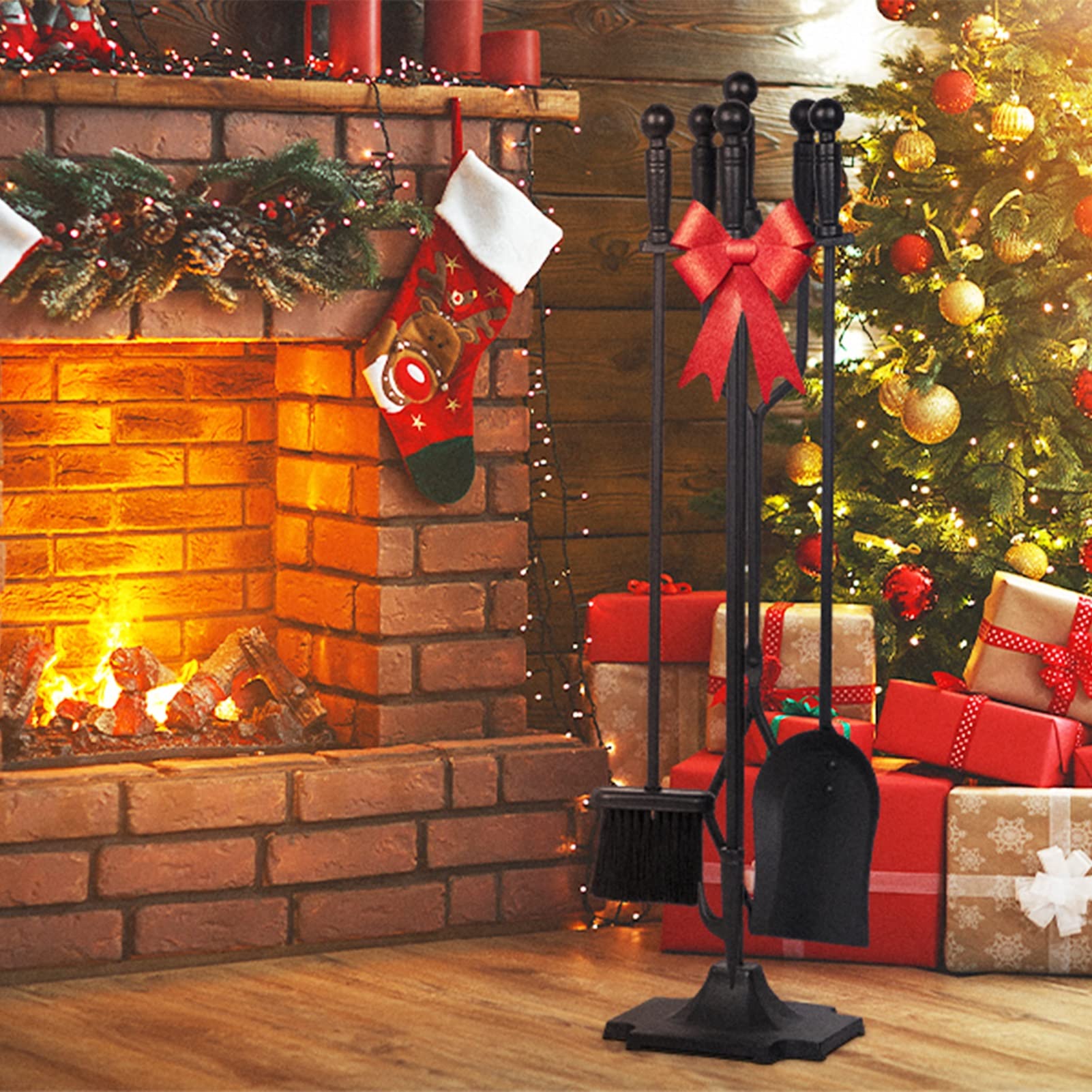 Premium MTSON 5-Piece Fireplace Tools Set - Heavy Duty Cast Iron Fireplace Accessories with Rustic Tool Holder for Indoor Fireplaces | Perfect for Home, Cabin & Fireplace Maintenance