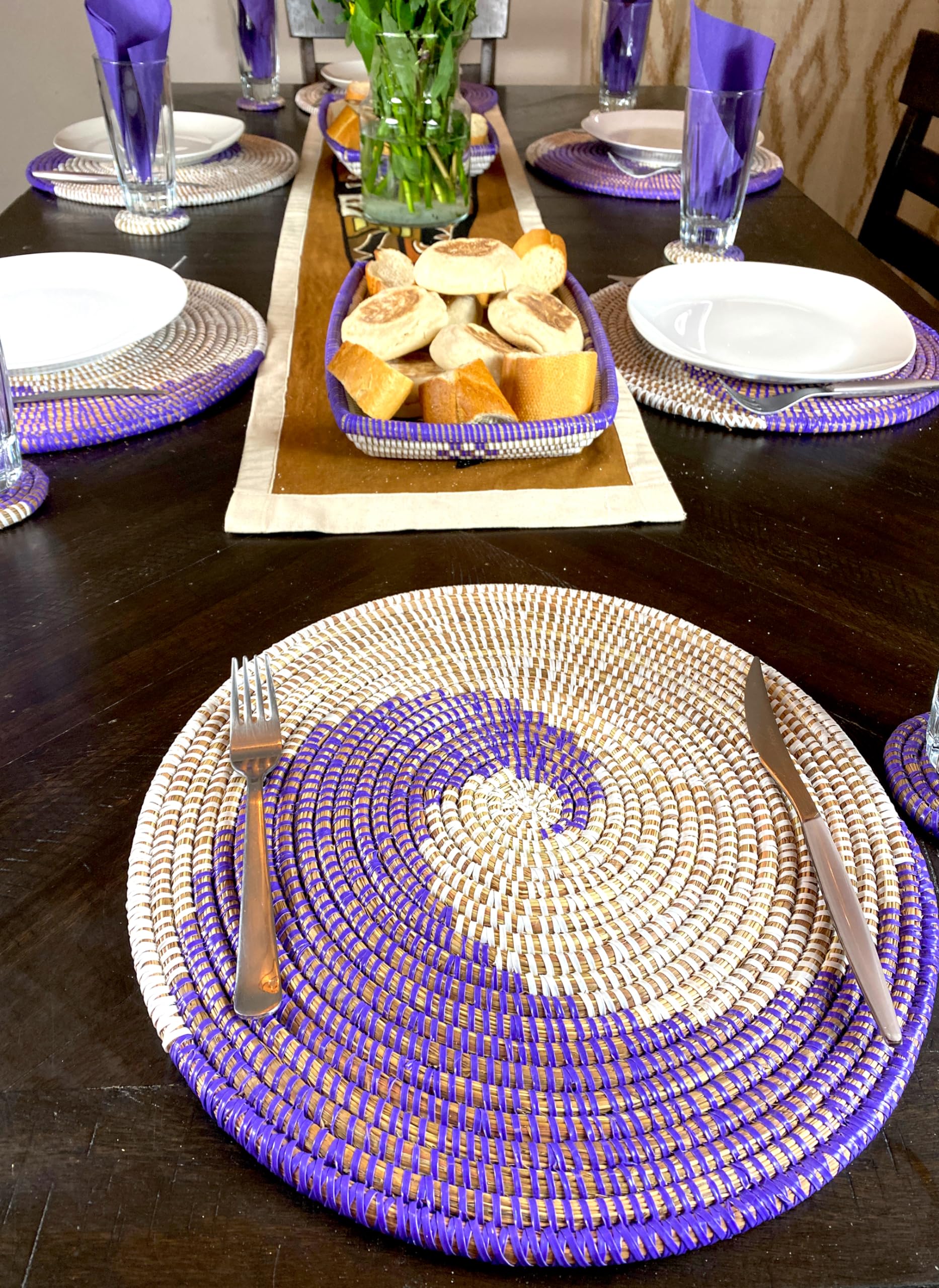 Handwoven African Bohemian Seagrass Placemats - Natural Round Wicker Basket Plates for Dining Table Decor | Purple & White Decorative Hanging Wall Plates | Perfect for Boho Chic Home, Farmhouse Kitchen & Coastal Style Decor