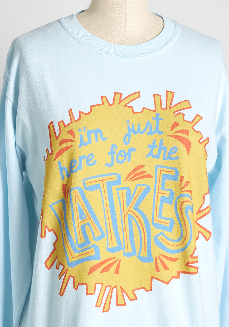 Here For the Latkes Long Sleeve Graphic Tee - Funny Hanukkah Shirt for Men & Women - Perfect for Holiday Parties & Family Gatherings