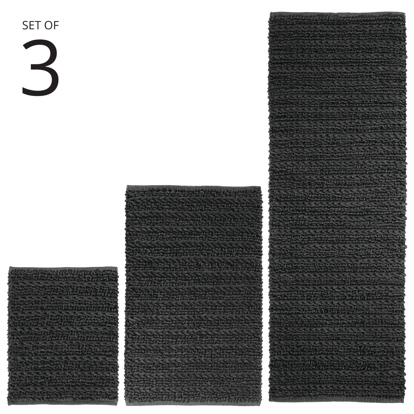 mDesign 3-Piece Cotton Bathroom Rug Set - Super Absorbent, Non-Slip Bath Mat for Vanity, Shower & Bathtub - Includes Runner & Small Rugs - Braided Design - Perfect for Master & Guest Bathrooms (Black, Set of 3) | Home Decor & Bath Essentials
