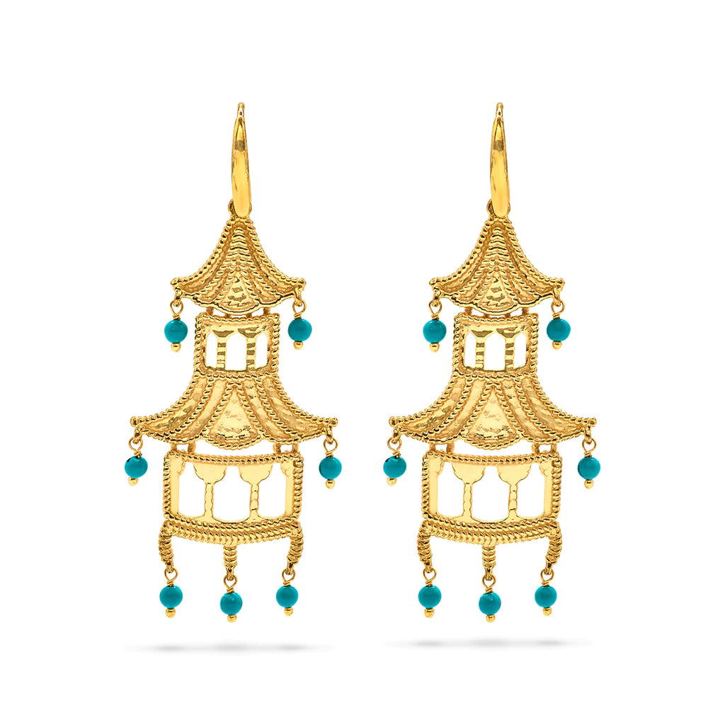 Capucine De Wulf Grand Pagoda Turquoise Earrings - Handmade Boho Statement Jewelry for Women | Perfect for Festivals, Weddings & Special Occasions