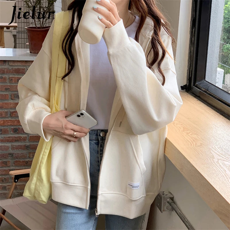 Women's Autumn Zip Up Hoodie - Casual Streetwear Loose Fit Thin Blue Gray Apricot Sweatshirt with Pocket | Cozy Fall Outerwear for Everyday Wear, Travel & College Campus Fashion
