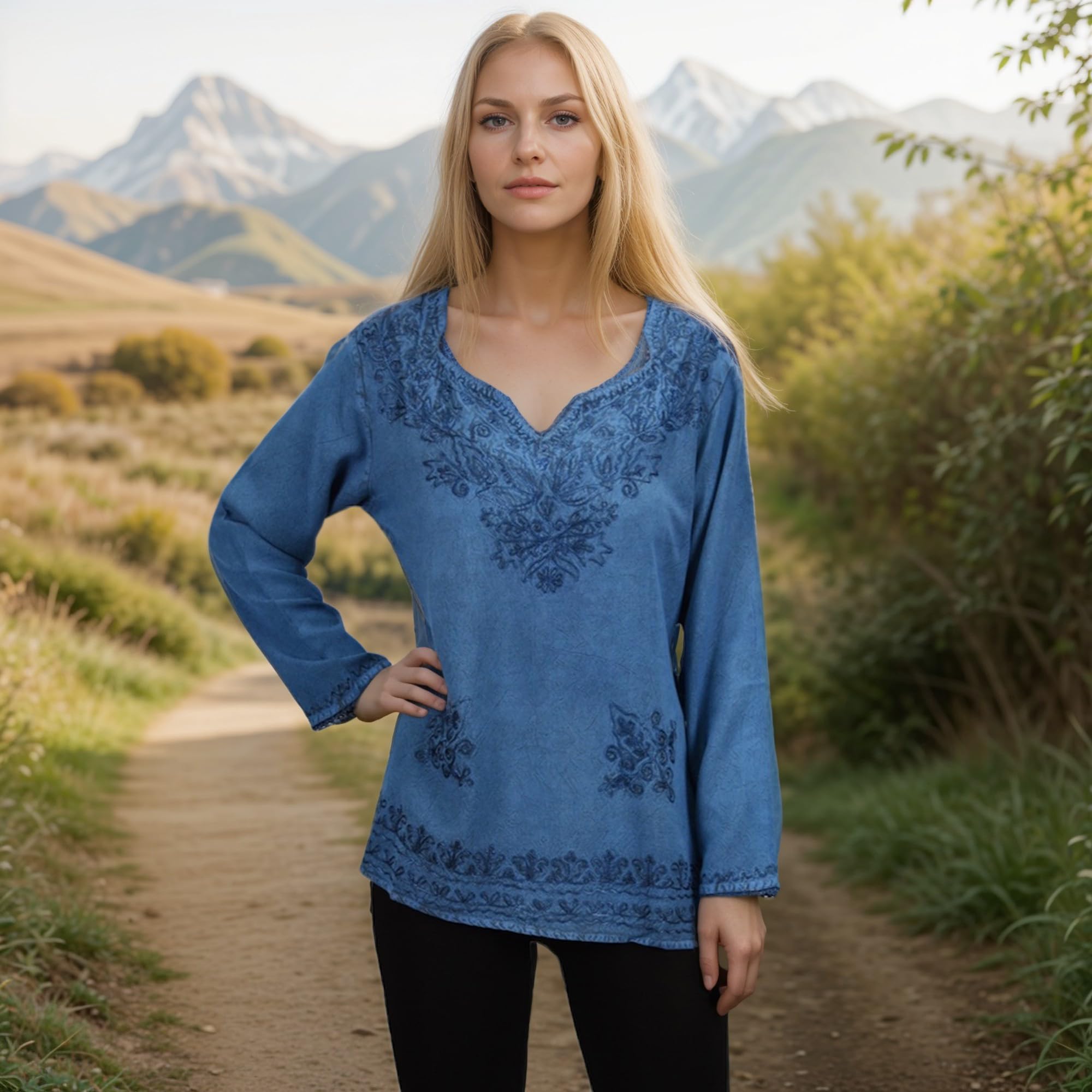 Agan Traders 2025 Spring Long Sleeve Embroidered Blouse - Medieval Bohemian Vintage Tunic Top for Women | Perfect for Renaissance Fairs, Boho Festivals & Casual Chic Outfits