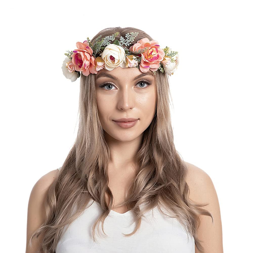 Wiwpar Orange Rose Floral Crown Headband - Adjustable Flower Hair Wreath for Women | Perfect for Weddings, Festivals & Boho Photoshoots