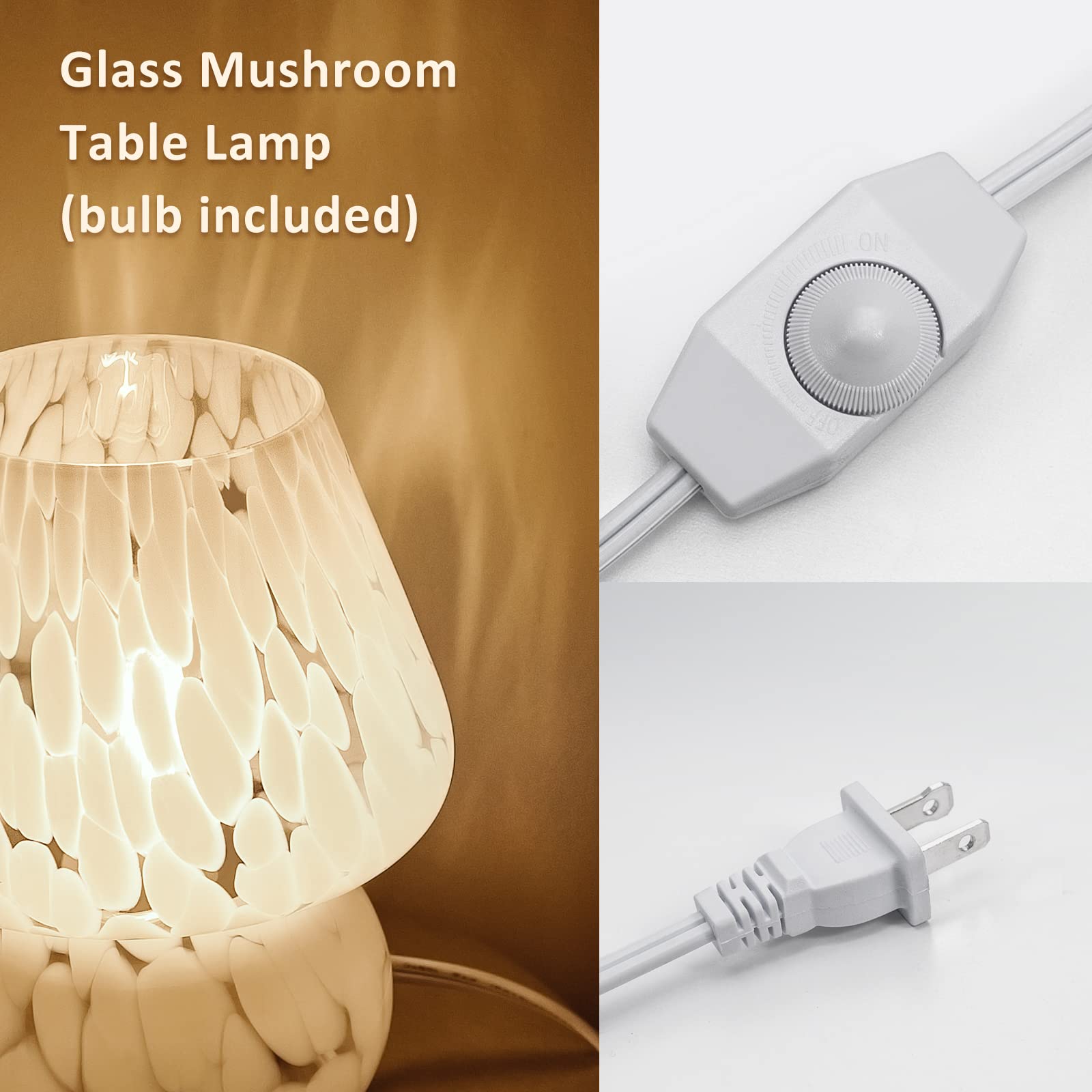ONEWISH Mushroom Lamp - Small Dimmable Nightstand Light for Bedroom, Living Room & Kitchen | Translucent Glass Table Lamp with Murano Aesthetic | Perfect Birthday Gift & Home Decor (White) | Creates Cozy Ambiance for Reading & Relaxation