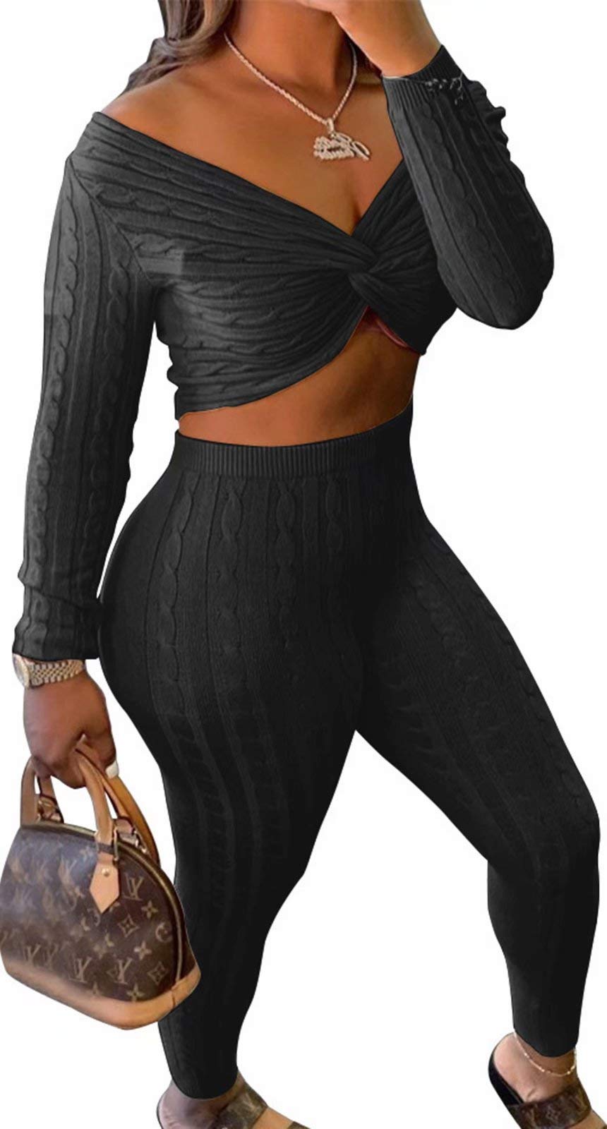 Women's Rib-Knit Off Shoulder Sweater Set with Crop Top & Lounge Pants - 2 Piece Outfit for Casual Wear, Date Night & Home Comfort