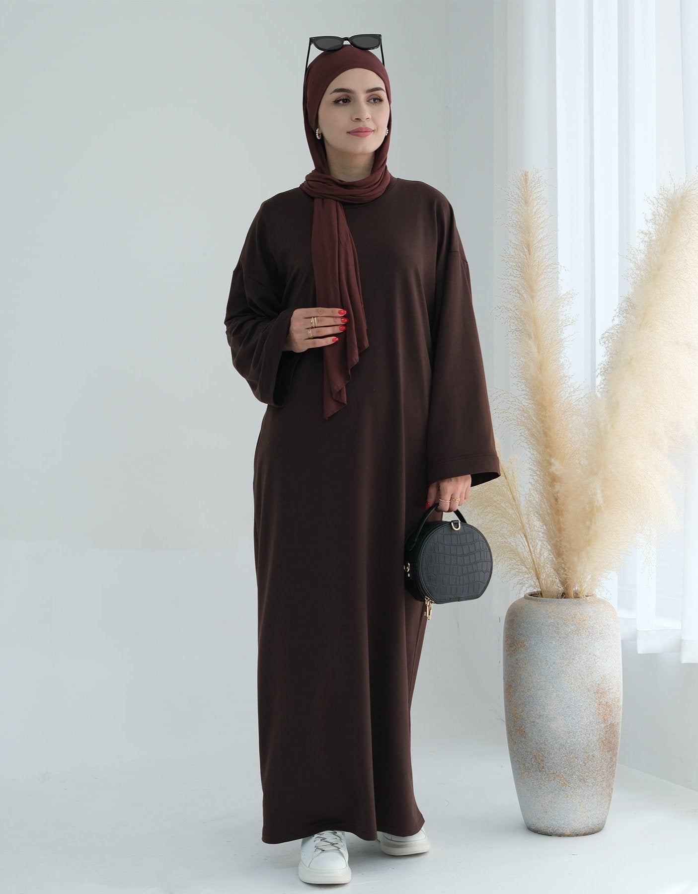 Ava Knit Maxi Dress in Coffee - Elegant Long Sleeve Flowy Dress for Women, Perfect for Fall/Winter, Date Nights, and Special Occasions