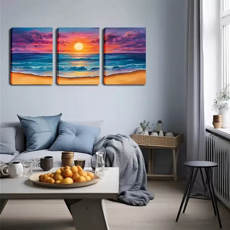 3-Piece Stunning Sun on the Sea Wall Art Set - Framed Canvas 40x60cm (16x24in) - High Quality Print - 100% Australian Made - Ready to Hang - Perfect for Living Room, Bedroom & Office Decor