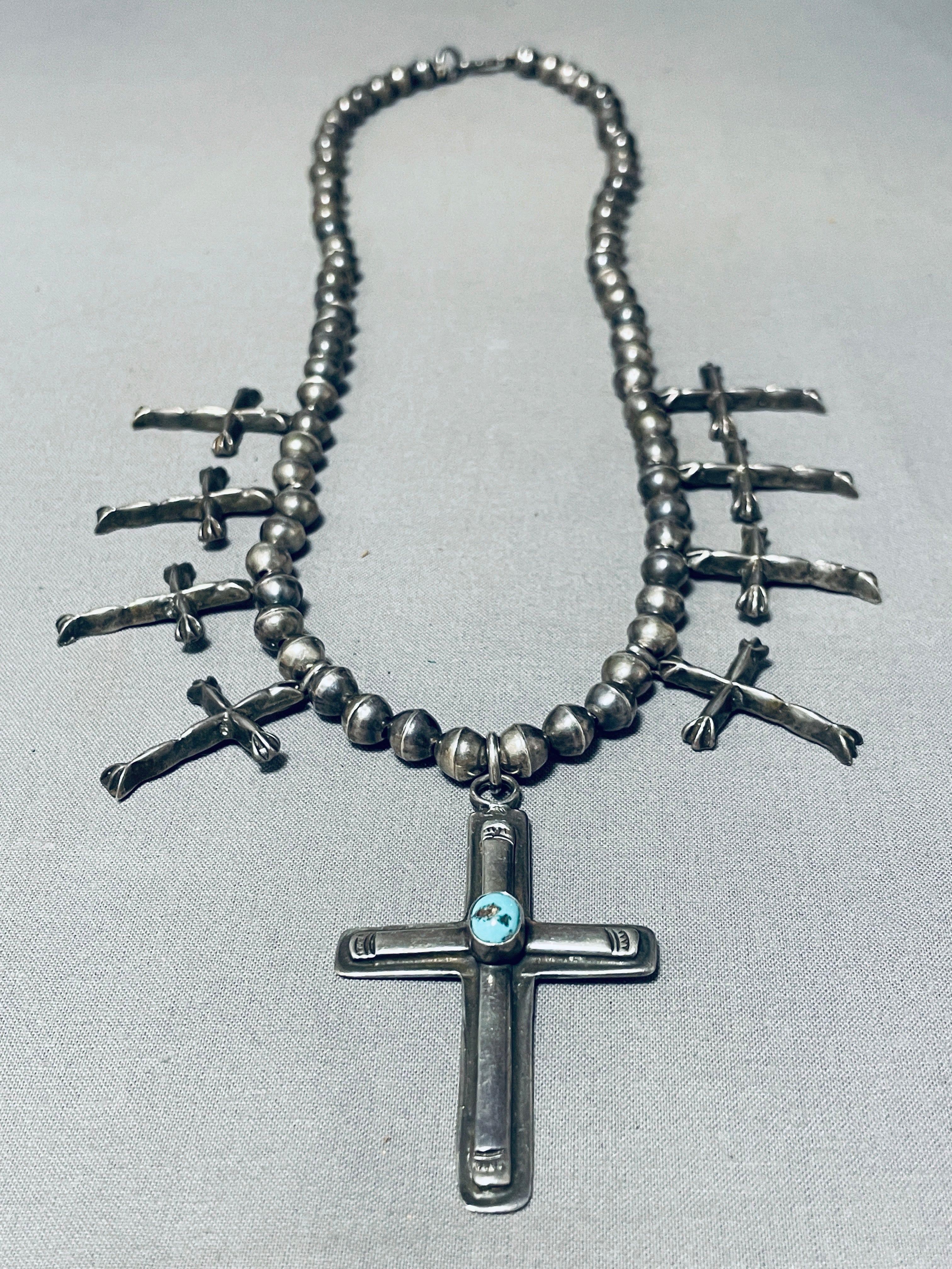 Vintage 1910s-1920s Navajo Sterling Silver Cross Squash Blossom Necklace - Authentic Native American Jewelry for Western Fashion & Boho Style