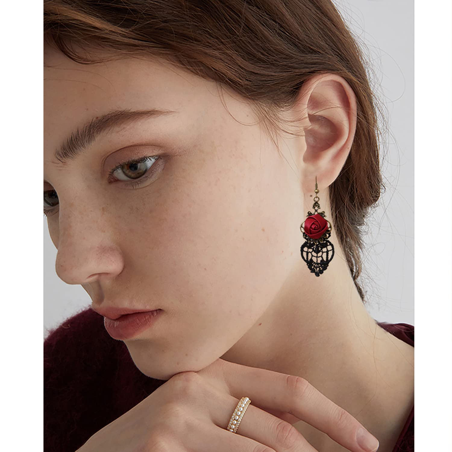 Handmade Vintage Red Rose Dangle Earrings for Women - Lightweight Punk Statement Jewelry, Personalized Retro Fabric Flower Hook Earrings - Perfect for Parties, Weddings & Boho Fashion
