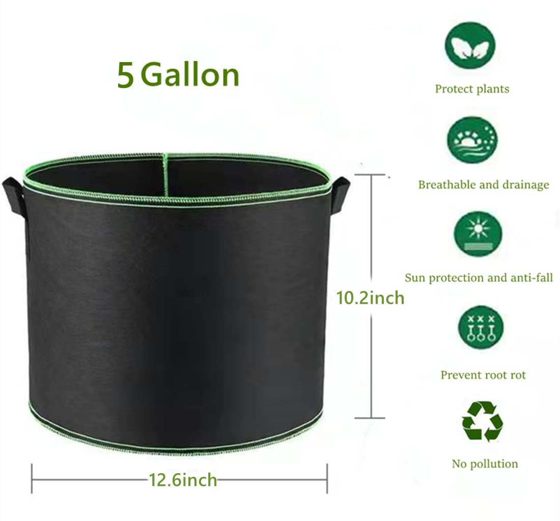 5-Pack 5 Gallon Thickened Nonwoven Fabric Grow Bags with Handles - 300G Durable Plant Pots for Fruits, Vegetables & Flowers - Perfect for Low Stress Training, Container Gardening & Indoor/Outdoor Planting