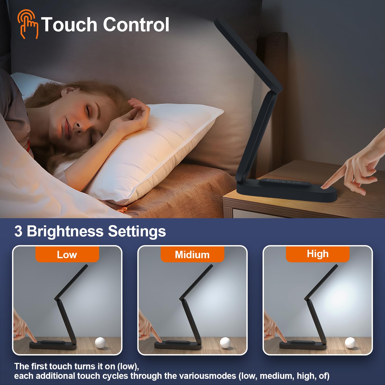 Rechargeable LED Desk Lamp with 3 Brightness Levels - Foldable & Portable Battery Operated Light for Office, Home, Reading - Small Desk Light Strip (Black, 2-Pack) | Perfect for Studying, Working & Nightstand Use